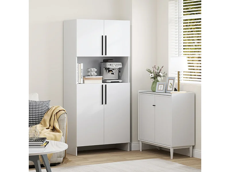 Armário de cozinha branco com armário, prateleiras e suporte para micro-ondas, multifuncional.