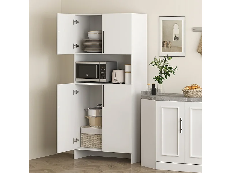 Armário de cozinha branco com armário, prateleiras e suporte para micro-ondas, multifuncional.