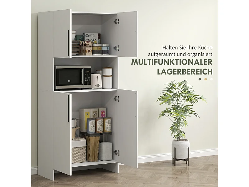 Armário de cozinha branco com armário, prateleiras e suporte para micro-ondas, multifuncional.