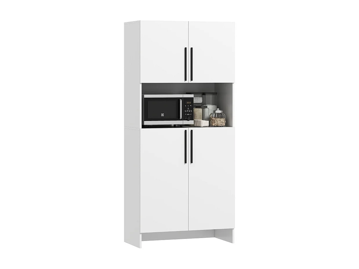 Armário de cozinha branco com armário, prateleiras e suporte para micro-ondas, multifuncional.