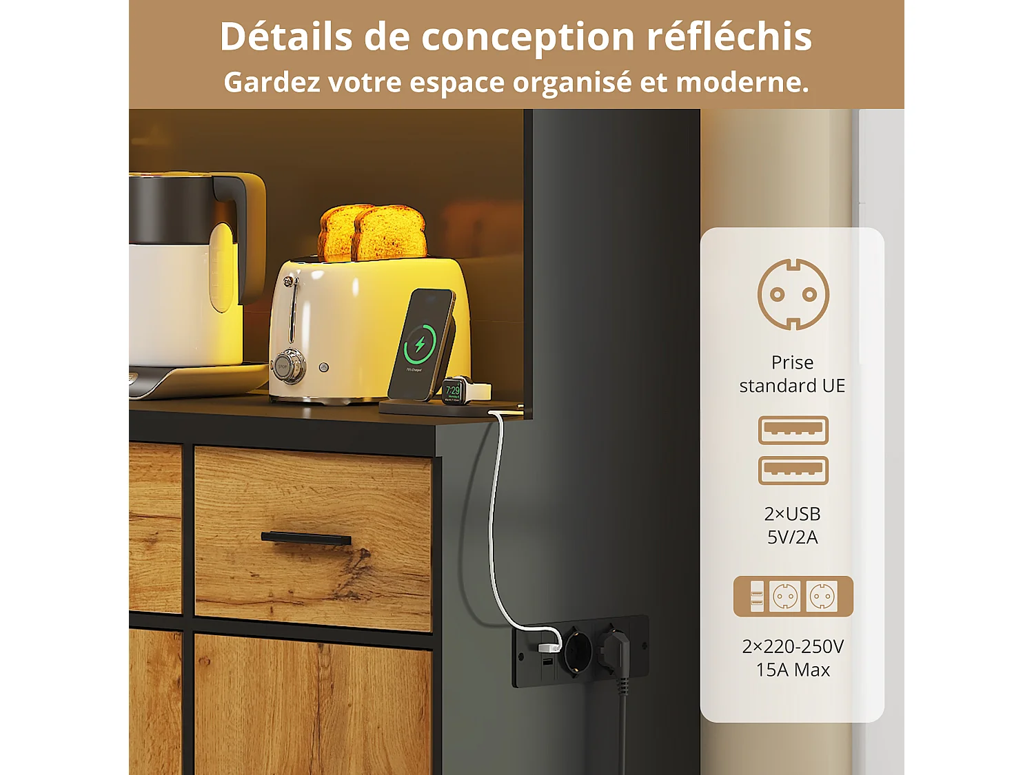 Buffet multifonction 100×40×180 cm avec LED, tiroirs, étagères réglables, pour salon,cuisine,Natural