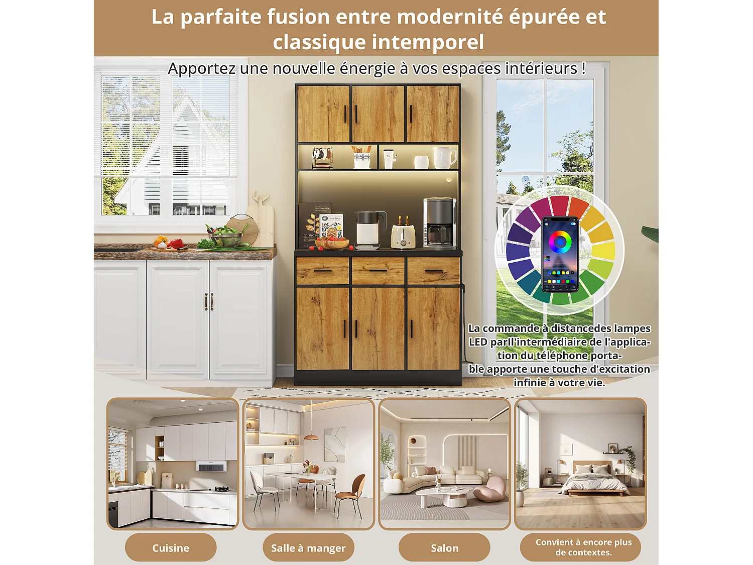 Buffet multifonction 100×40×180 cm avec LED, tiroirs, étagères réglables, pour salon,cuisine,Natural