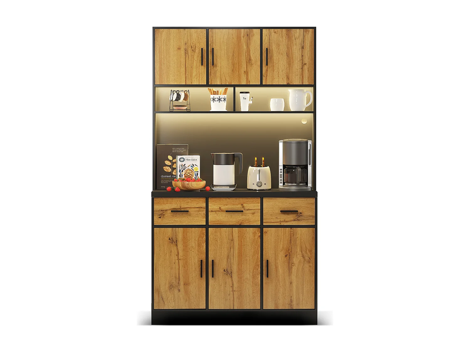 Buffet multifonction 100×40×180 cm avec LED, tiroirs, étagères réglables, pour salon,cuisine,Natural