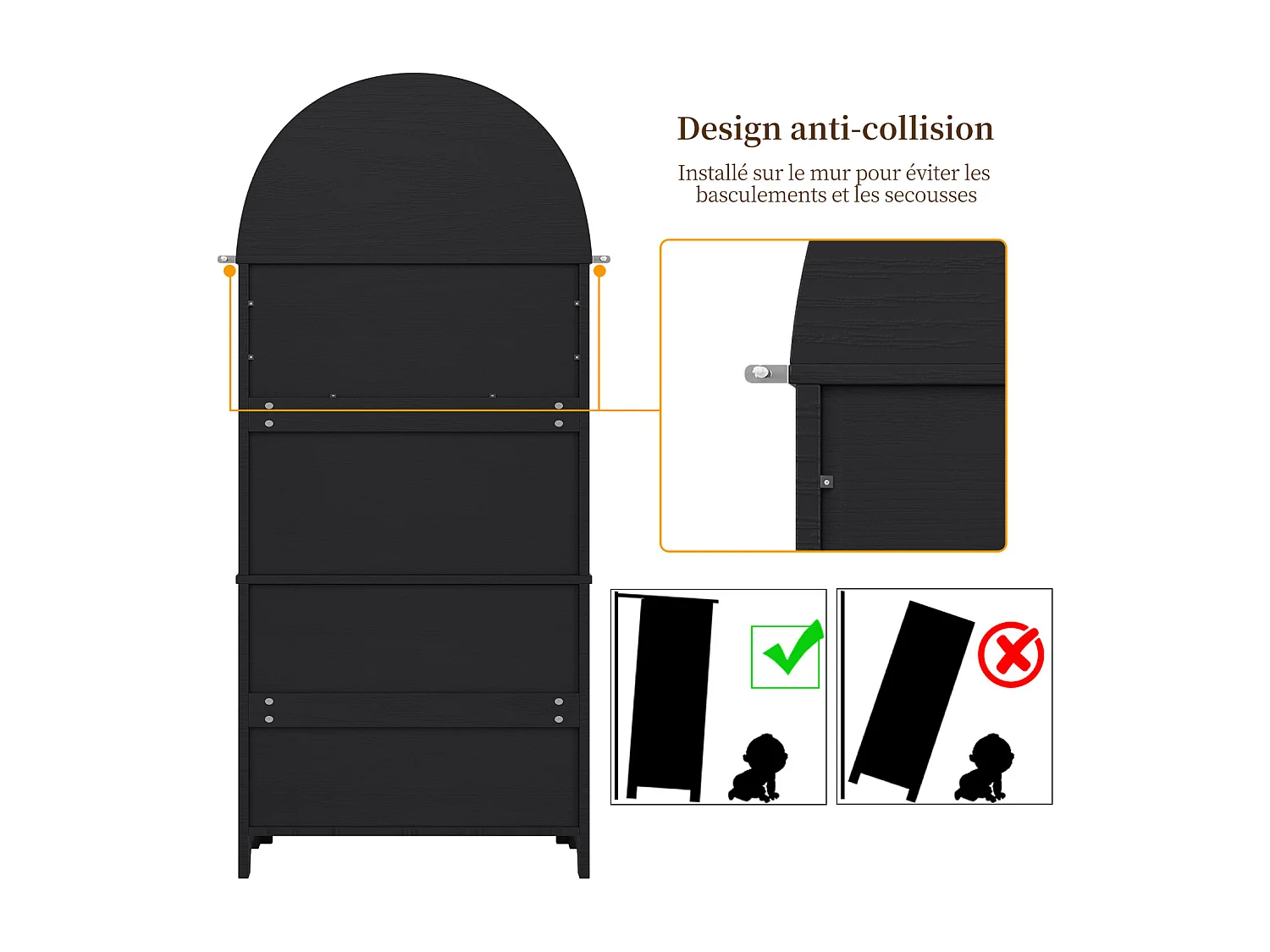 Hoog dressoir met deuren en lades, open gebogen planken, zwart, meubel voor keuken of woonkamer