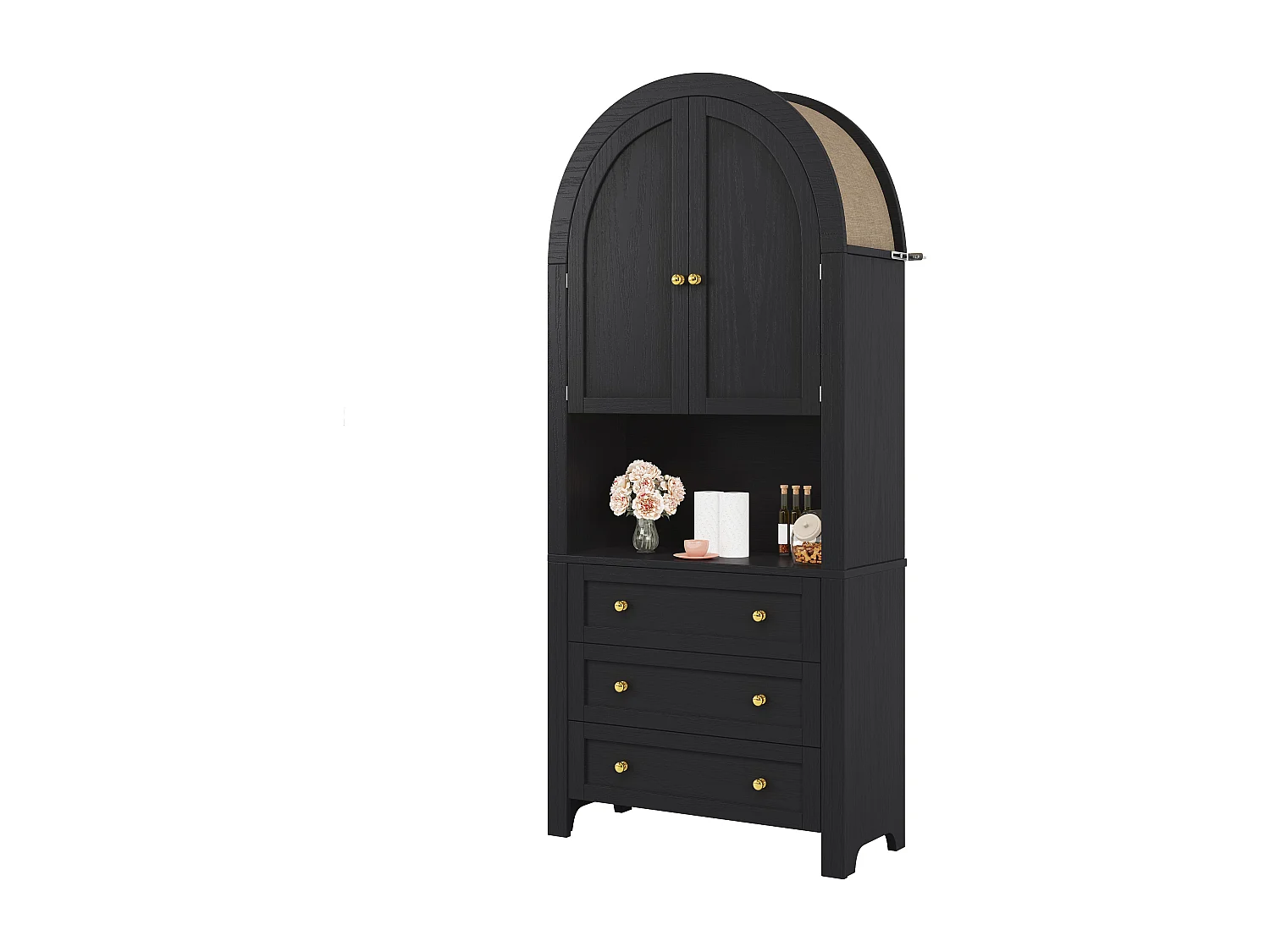 Buffet haute avec portes et tiroirs, étagères en arc ouvertes, noire, meuble pour cuisine ou salon