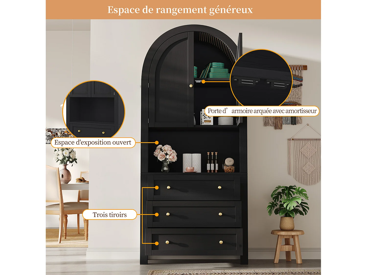 Buffet haute avec portes et tiroirs, étagères en arc ouvertes, noire, meuble pour cuisine ou salon