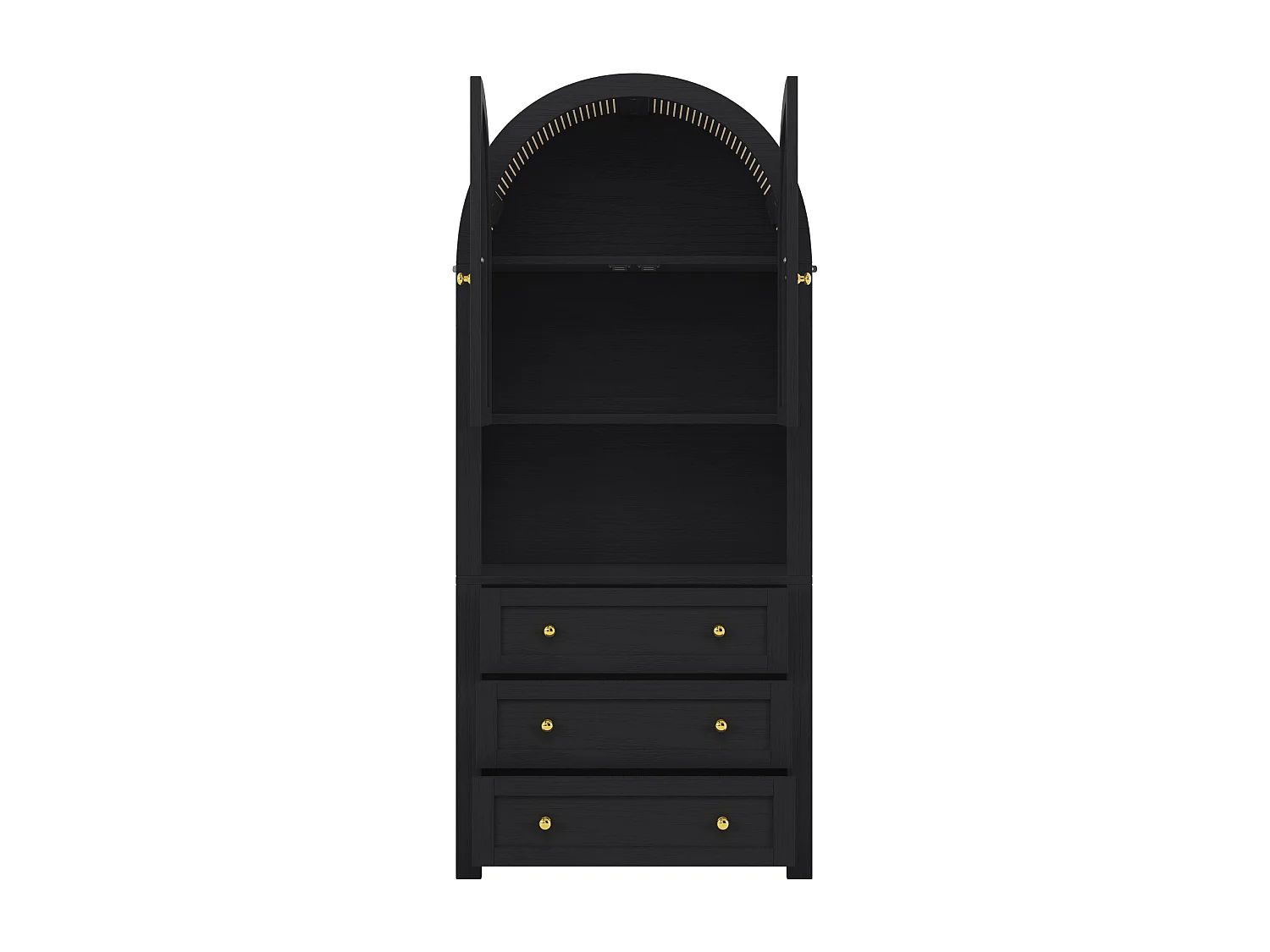 Buffet haute avec portes et tiroirs, étagères en arc ouvertes, noire, meuble pour cuisine ou salon
