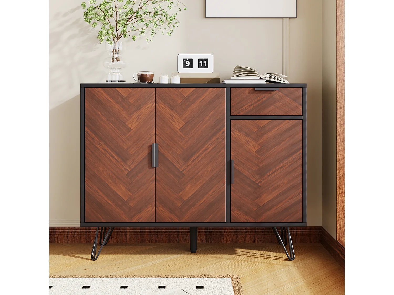 Buffetkast, Moderne opbergkast met metalen poten, Voor hal, woonkamer - 90x30x71,5 cm, Zwart