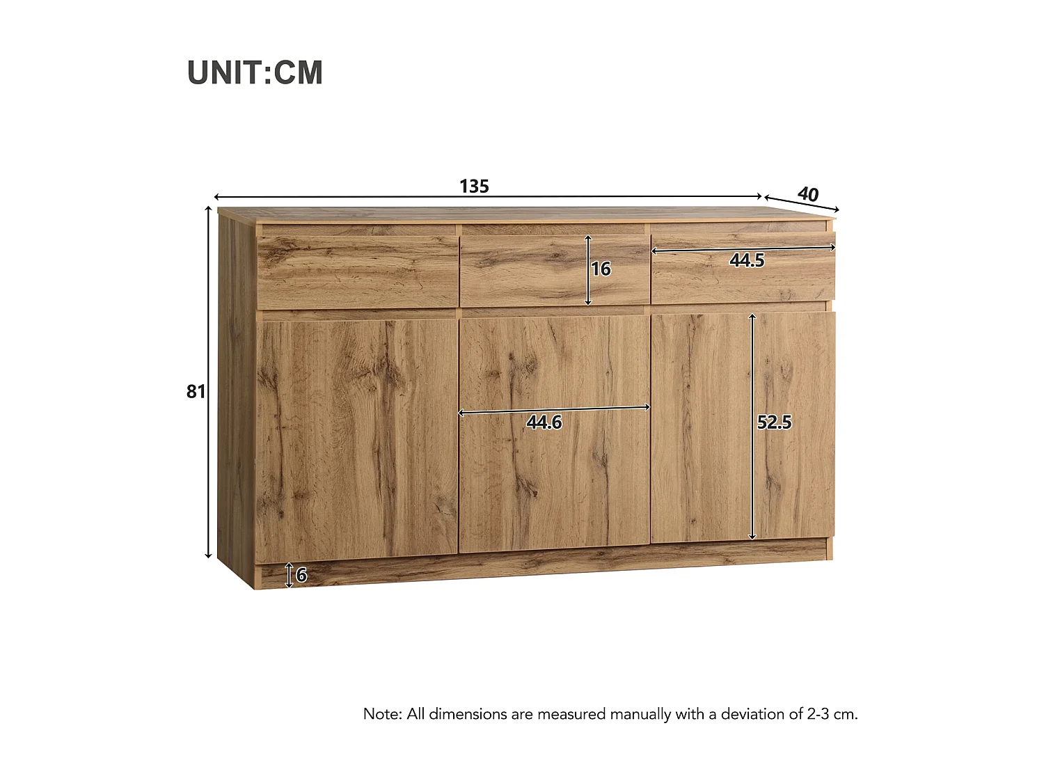 Buffet aspect bois - Buffet multifonction avec 3 portes et 3 tiroirs - Armoire, 135 x 40 x 81 cm