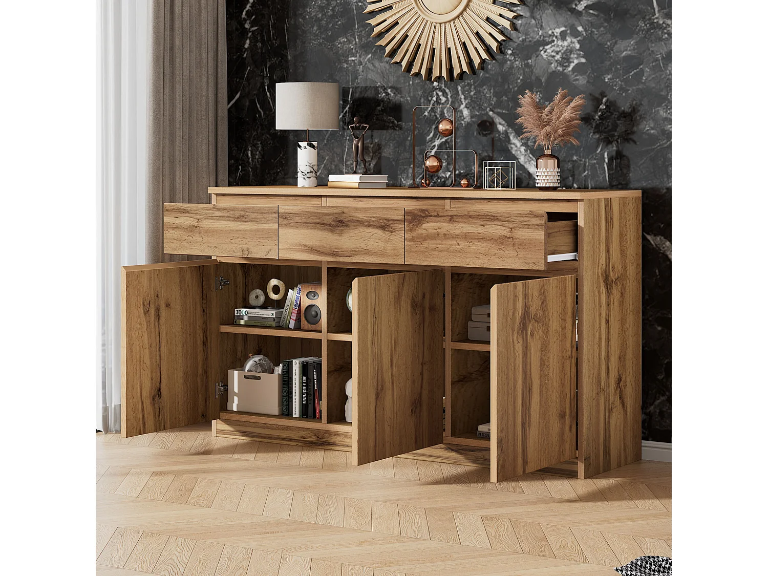 Buffet aspect bois - Buffet multifonction avec 3 portes et 3 tiroirs - Armoire, 135 x 40 x 81 cm