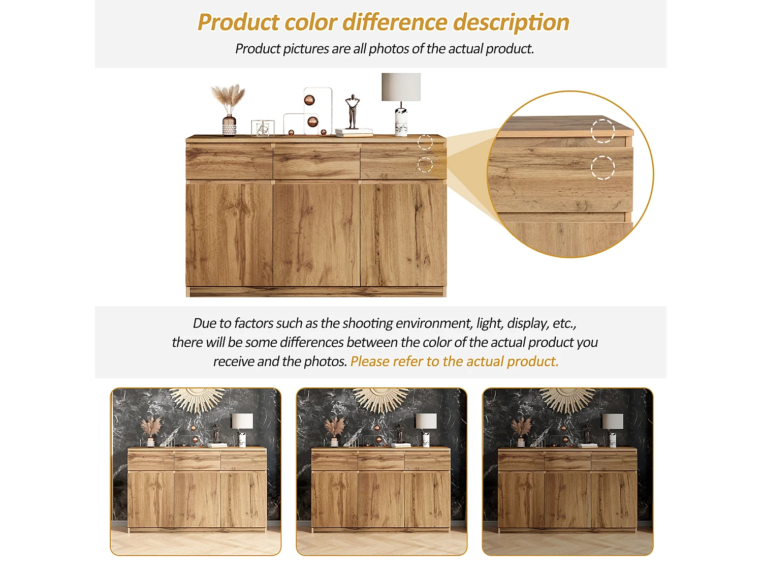 Buffet aspect bois - Buffet multifonction avec 3 portes et 3 tiroirs - Armoire, 135 x 40 x 81 cm
