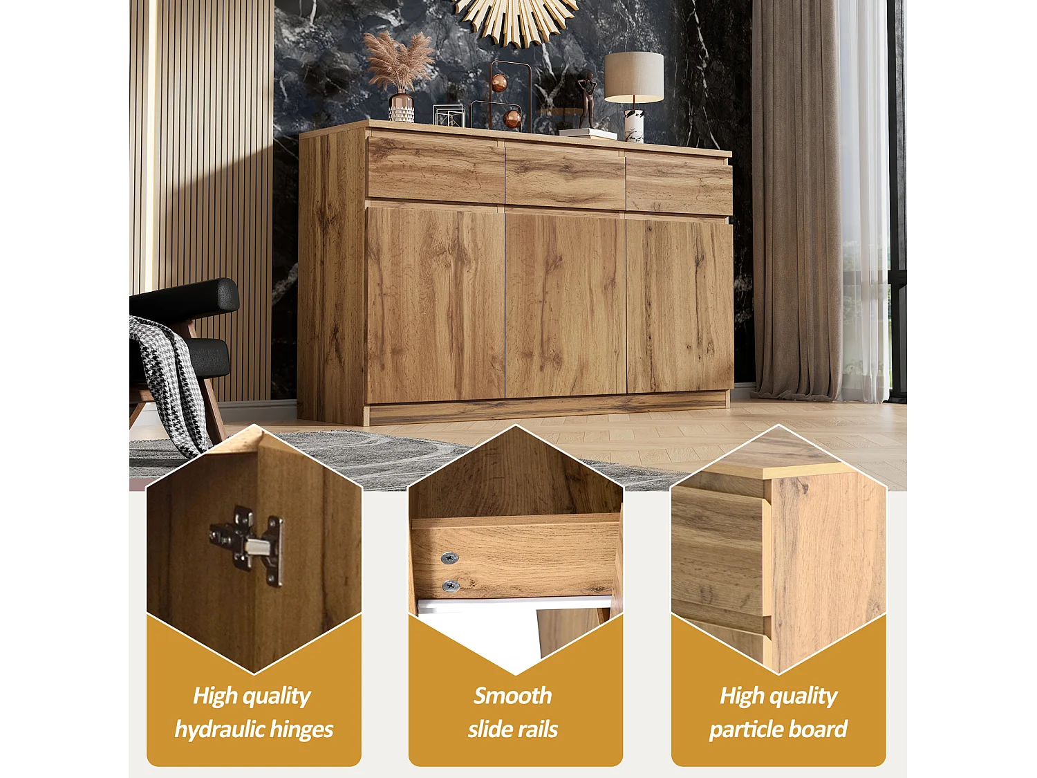 Buffet aspect bois - Buffet multifonction avec 3 portes et 3 tiroirs - Armoire, 135 x 40 x 81 cm
