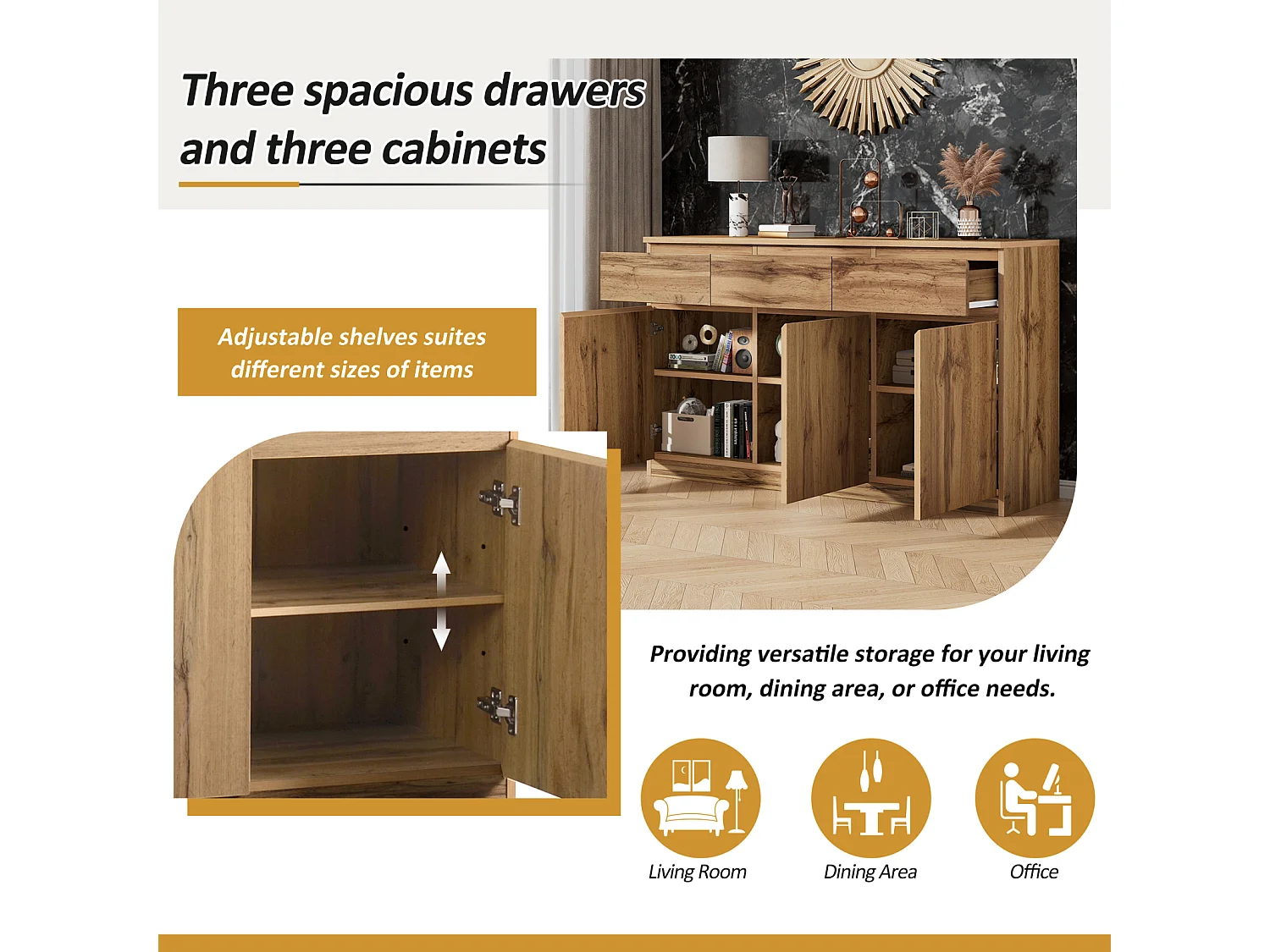 Buffet aspect bois - Buffet multifonction avec 3 portes et 3 tiroirs - Armoire, 135 x 40 x 81 cm