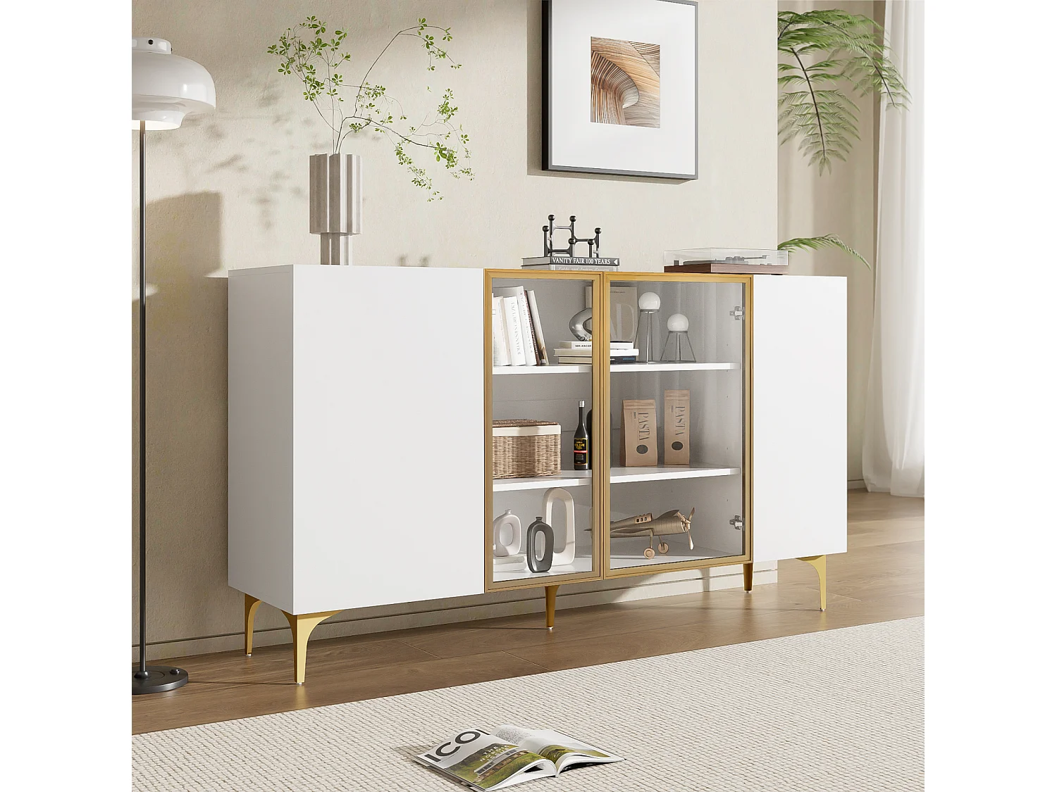 Aparador branco de 4 portas com vidro e metal – Design moderno sem puxadores, amplo espaço de armazenamento