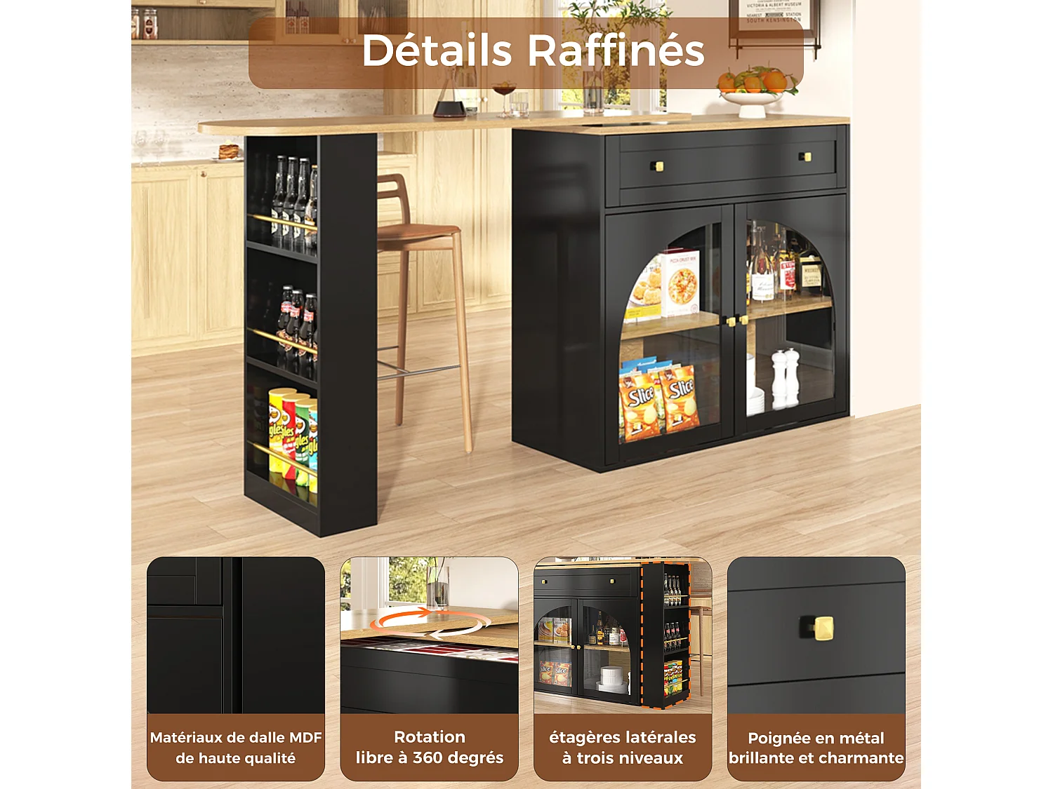 Uitschuifbaar en 360° draaibaar barbuffet met opbergruimte, 138–204 cm, zwart, glazen deur