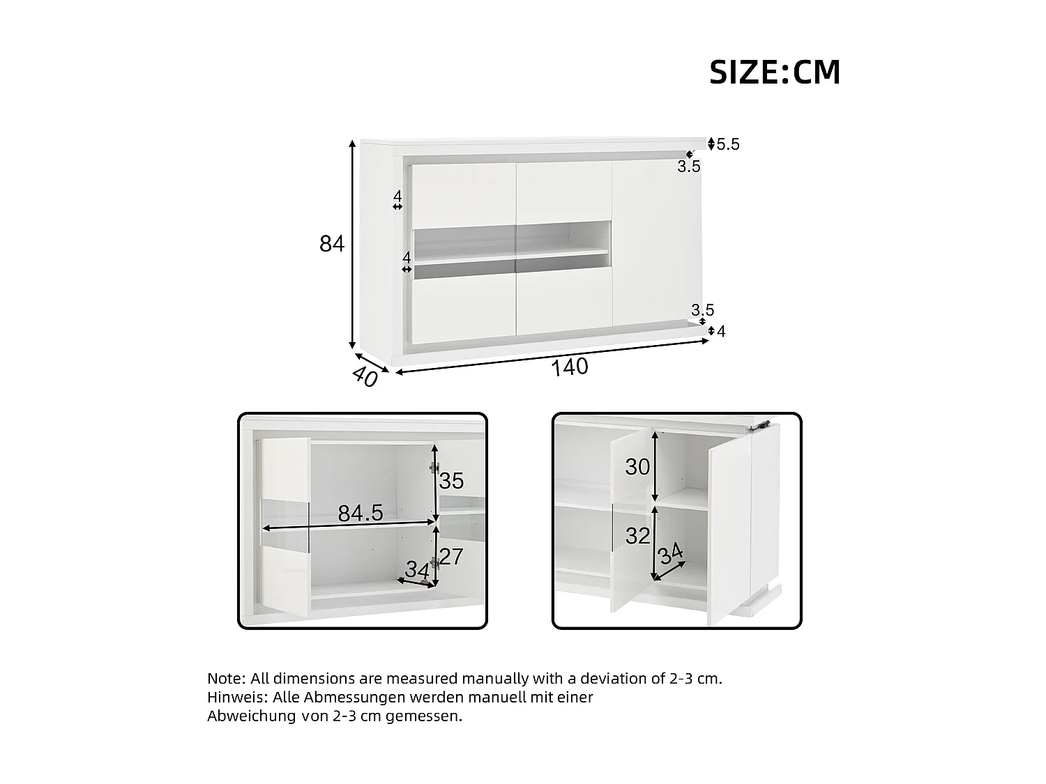 Modern dressoir 140x40x84 cm met LED-verlichting, gehard glazen deuren, glanzend bovenblad, wit