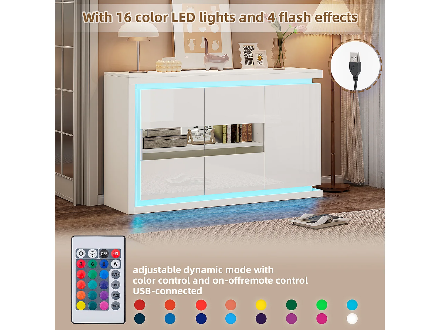 Modern dressoir 140x40x84 cm met LED-verlichting, gehard glazen deuren, glanzend bovenblad, wit