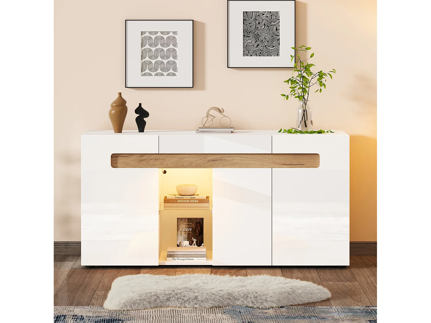 Buffet Moderne avec 3 Portes et LED, 140x40x70 Cm, Étagère en Verre, Meuble De Rangement, Blanc