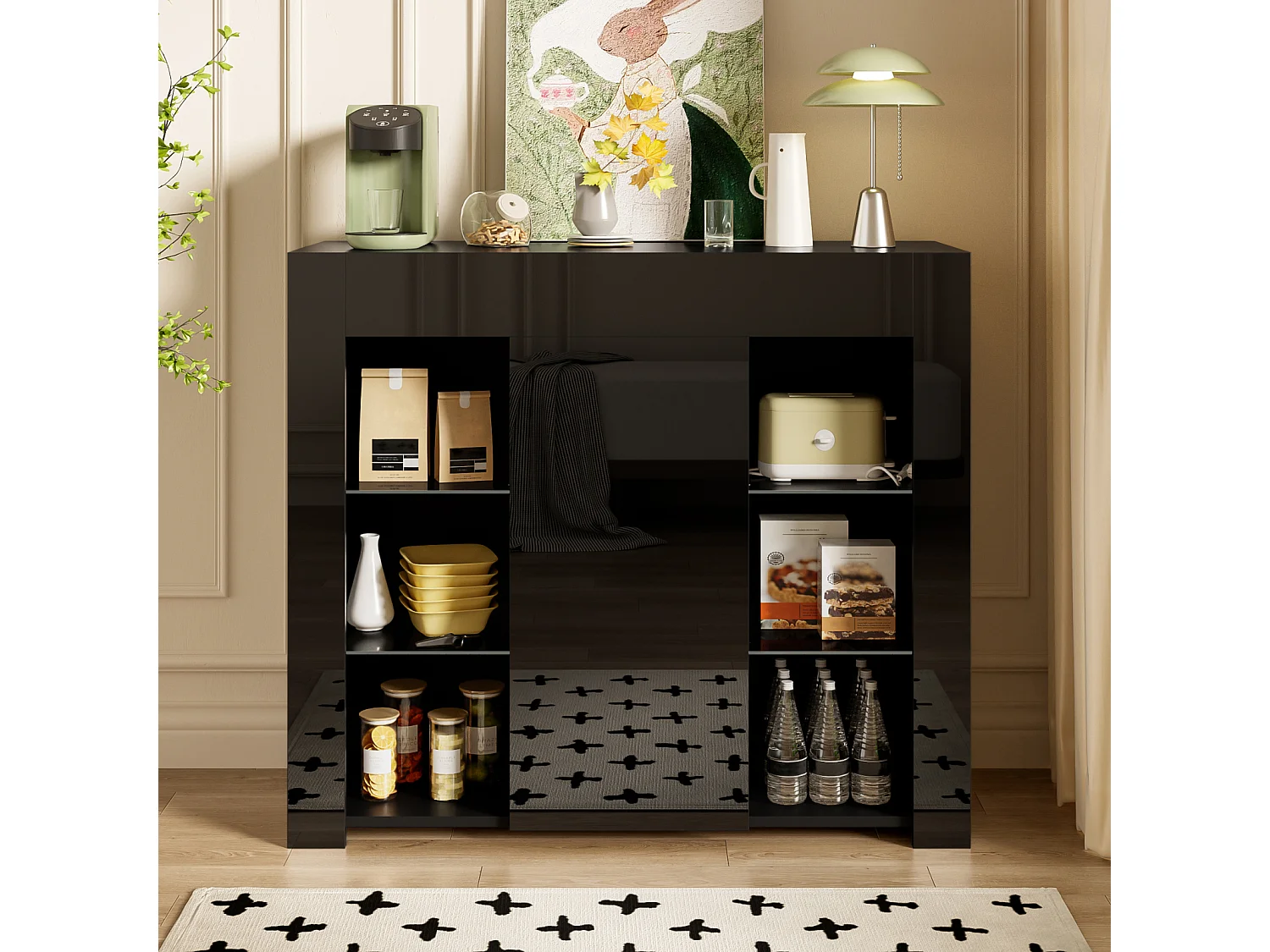 Modern zwart dressoir met glanzend front, glazen planken, compacte opbergruimte 95 x 35 x 83 cm