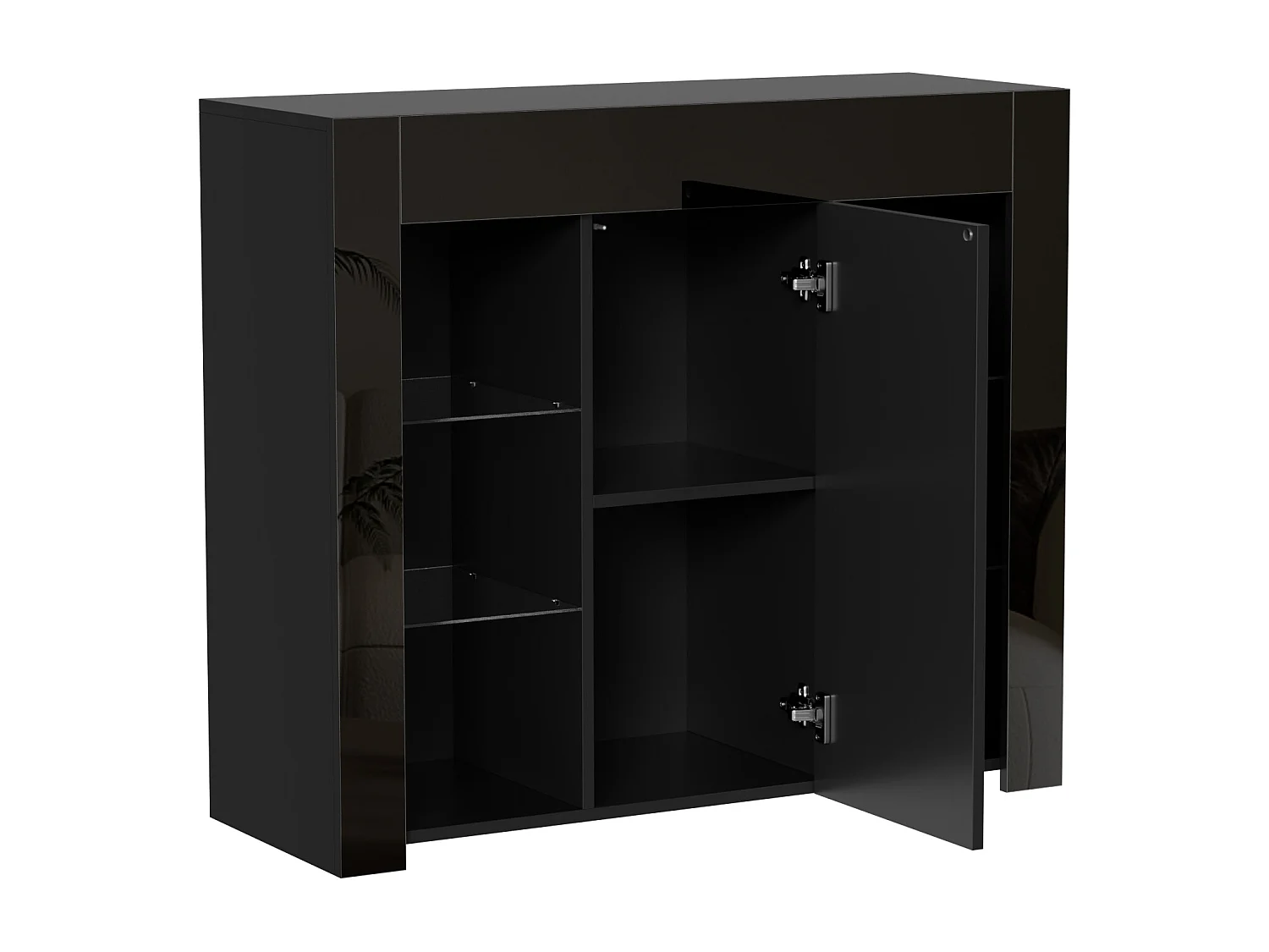 Modern zwart dressoir met glanzend front, glazen planken, compacte opbergruimte 95 x 35 x 83 cm