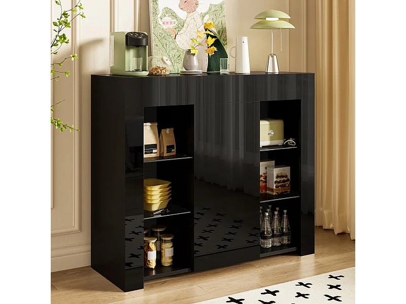 Modern zwart dressoir met glanzend front, glazen planken, compacte opbergruimte 95 x 35 x 83 cm