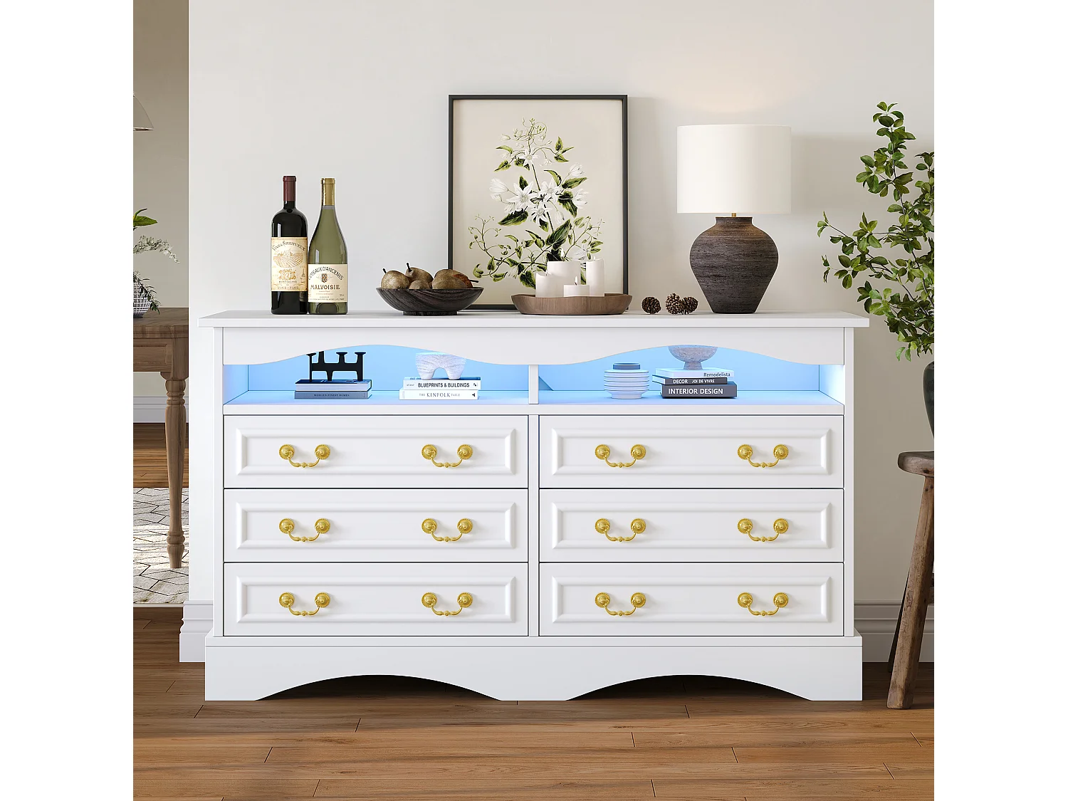 Aparador moderno de 120x40x70cm com 6 compartimentos e iluminação LED, branco com espaço de armazenamento aberto.