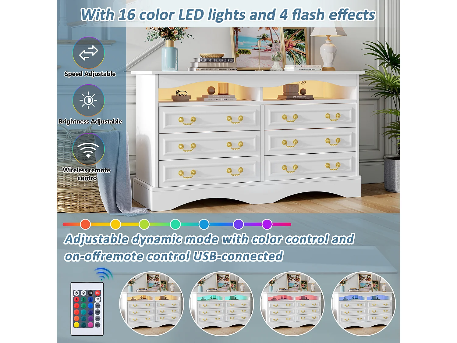 Aparador moderno de 120x40x70cm com 6 compartimentos e iluminação LED, branco com espaço de armazenamento aberto.