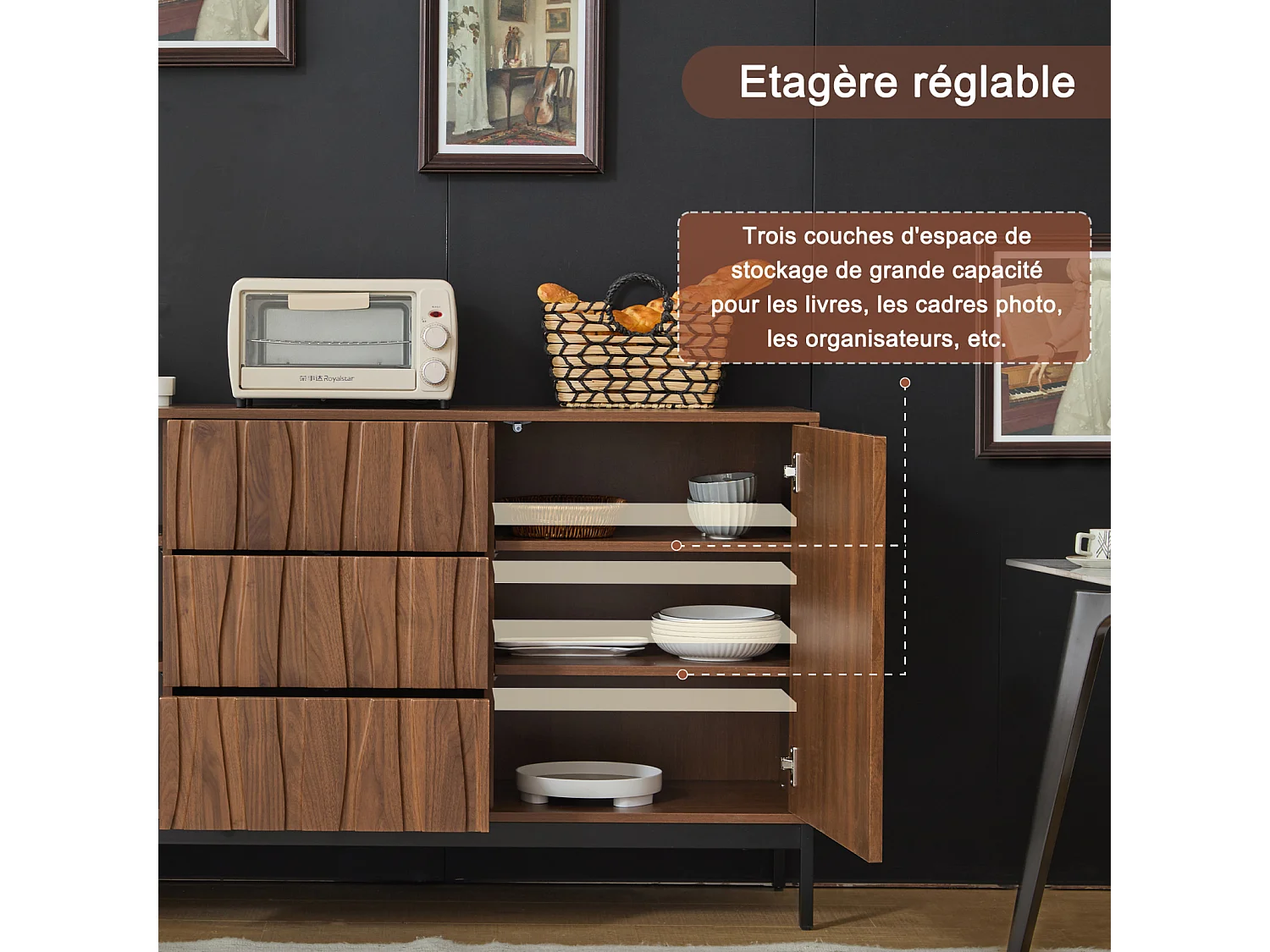 150cm donker eiken dressoir met nerf, 3 laden, Mid-Century design, voor keuken en woonkamer