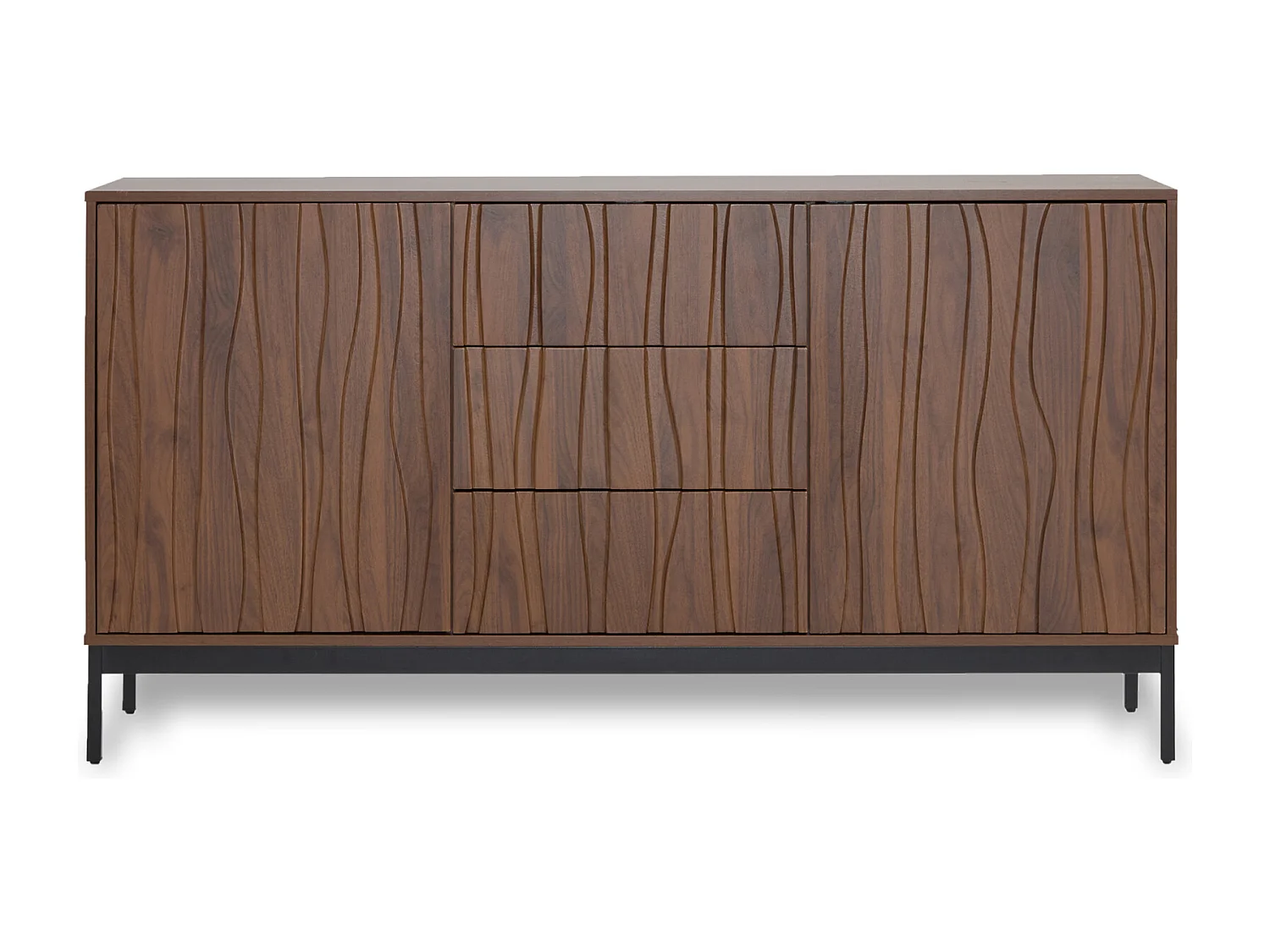 150cm donker eiken dressoir met nerf, 3 laden, Mid-Century design, voor keuken en woonkamer