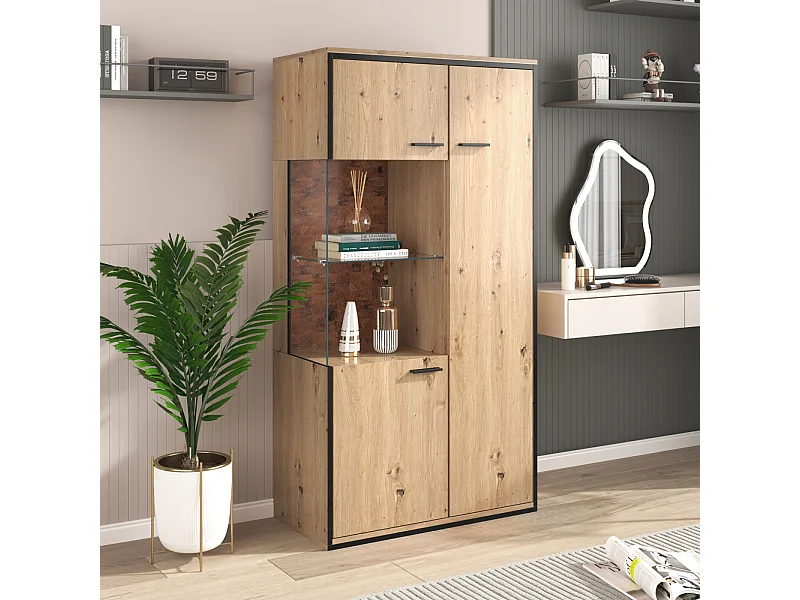 Aparador com iluminação LED, porta de vidro, espaço de armazenamento, prateleira de vidro, 78 x 40 x 150 cm, cor natural.