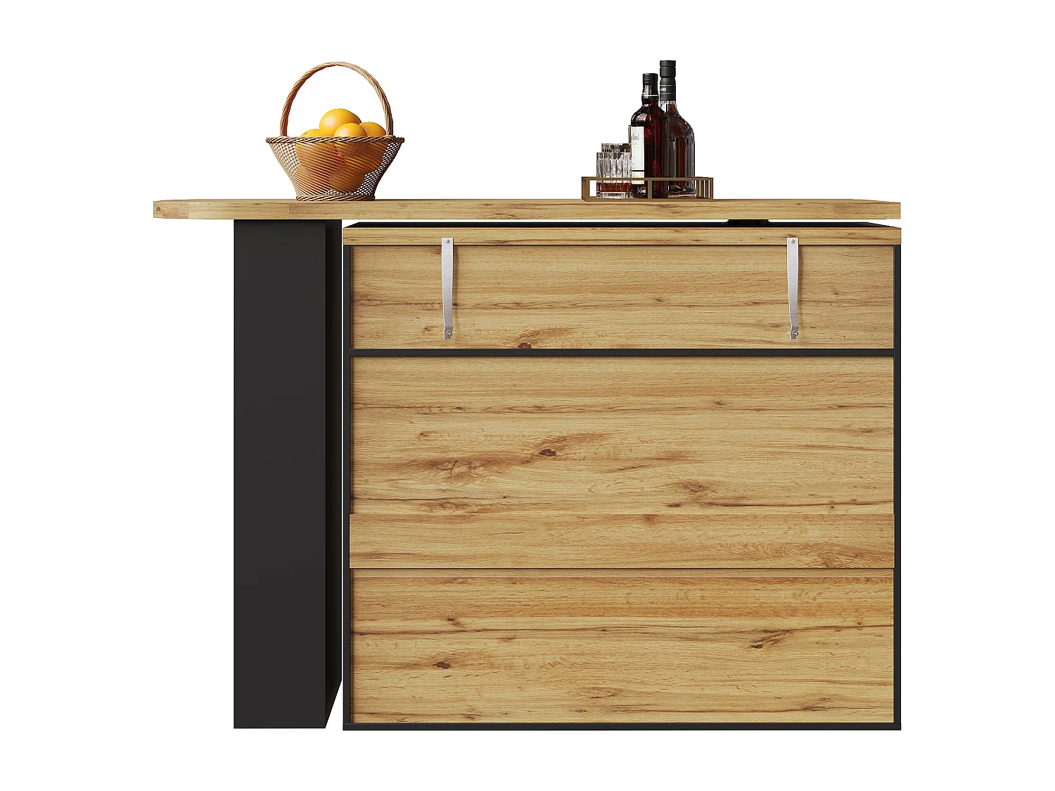 Uitschuifbaar 360° draaibaar barbuffet met opbergruimte, 138–204 cm, zwart, met planken