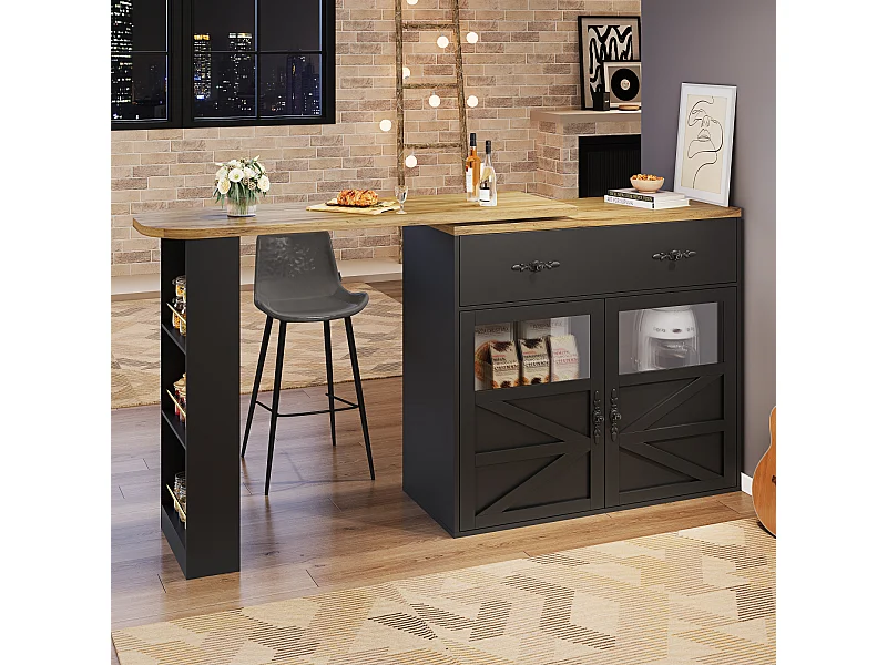 Uitschuifbaar 360° draaibaar barbuffet met opbergruimte, 138–204 cm, zwart, met planken