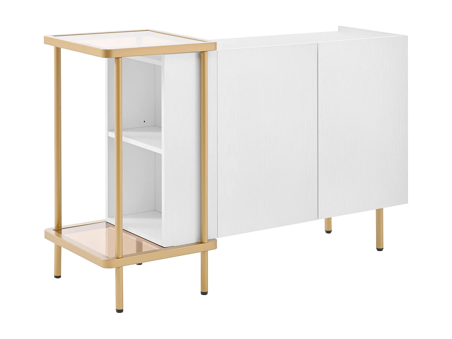 Aparador com 2 portas e 2 compartimentos abertos, mesa de centro em metal/vidro, branco, 120 x 40 x 77,5 cm