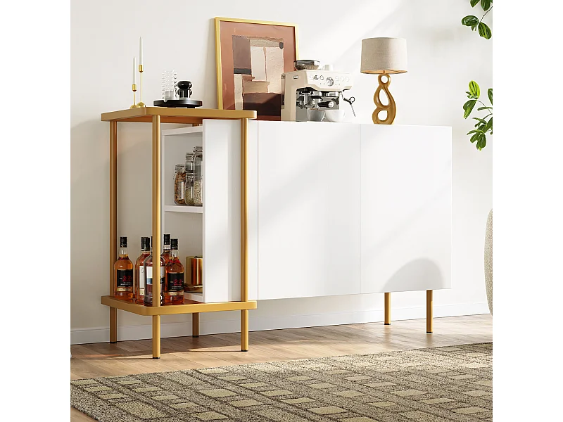 Aparador com 2 portas e 2 compartimentos abertos, mesa de centro em metal/vidro, branco, 120 x 40 x 77,5 cm