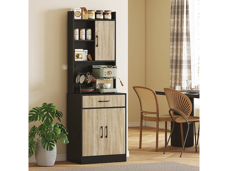 Credenza moderna da cucina con piano di lavoro, cassetto, 3 ripiani aperti, legno naturale/nero