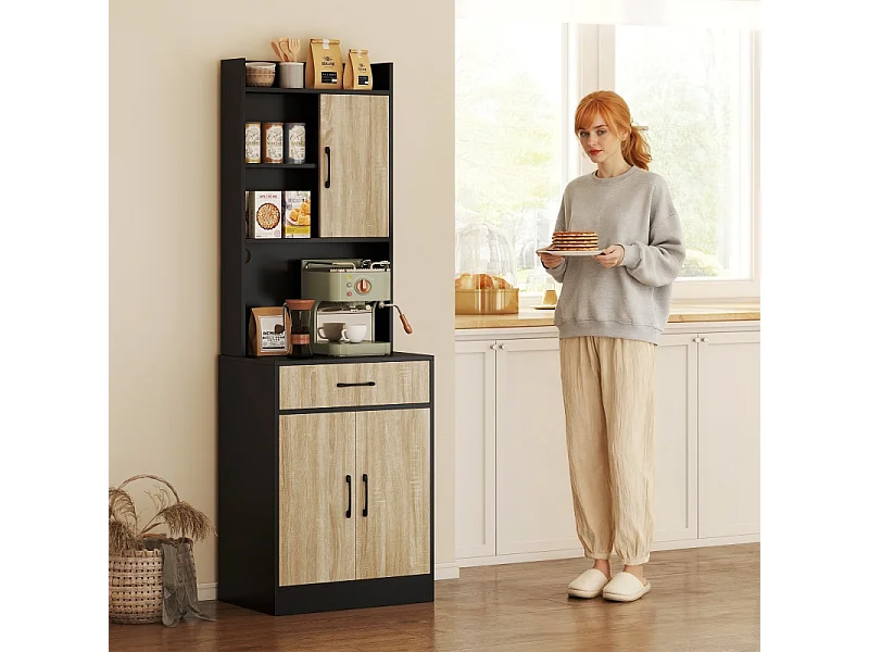 Credenza moderna da cucina con piano di lavoro, cassetto, 3 ripiani aperti, legno naturale/nero