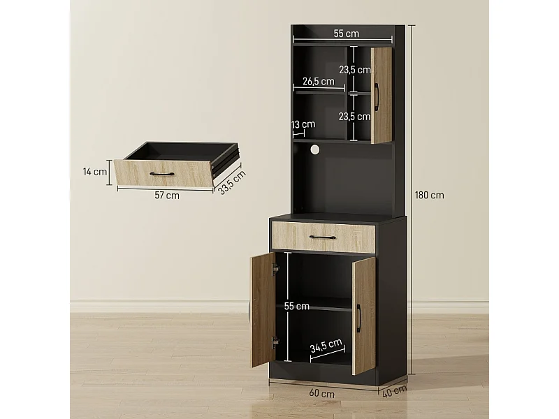 Credenza moderna da cucina con piano di lavoro, cassetto, 3 ripiani aperti, legno naturale/nero