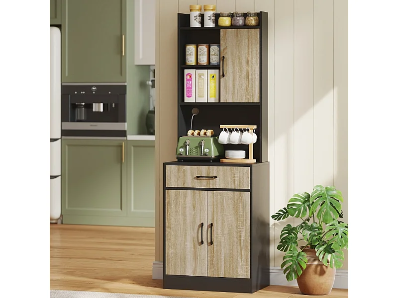 Credenza moderna da cucina con piano di lavoro, cassetto, 3 ripiani aperti, legno naturale/nero