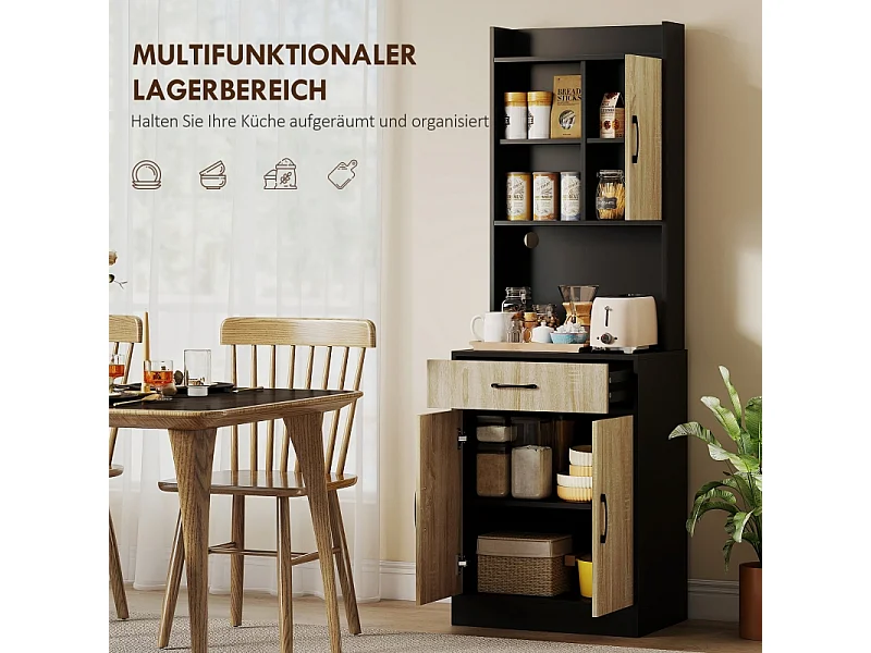 Credenza moderna da cucina con piano di lavoro, cassetto, 3 ripiani aperti, legno naturale/nero