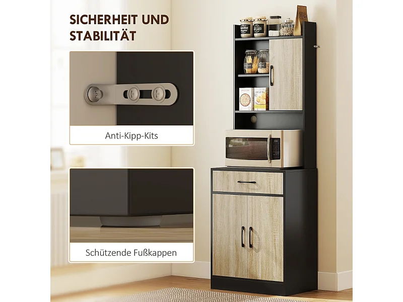 Credenza moderna da cucina con piano di lavoro, cassetto, 3 ripiani aperti, legno naturale/nero