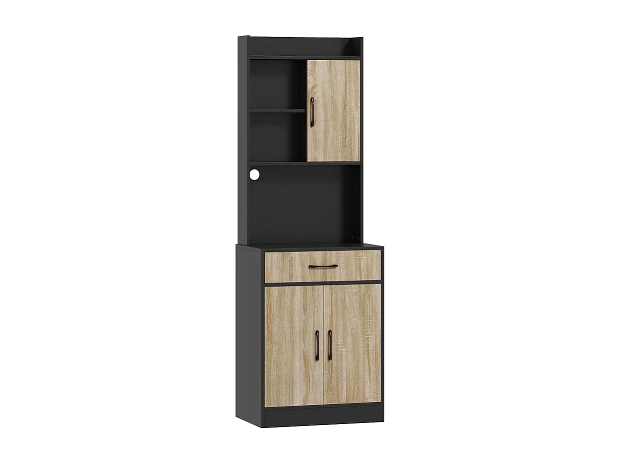Credenza moderna da cucina con piano di lavoro, cassetto, 3 ripiani aperti, legno naturale/nero