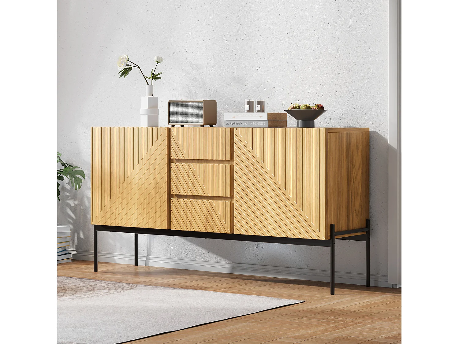 Buffet 2 Portes et 3 Tiroirs 75x140x40cm, Buffet avec Étagères Réglables et Pieds en Métal, Natural