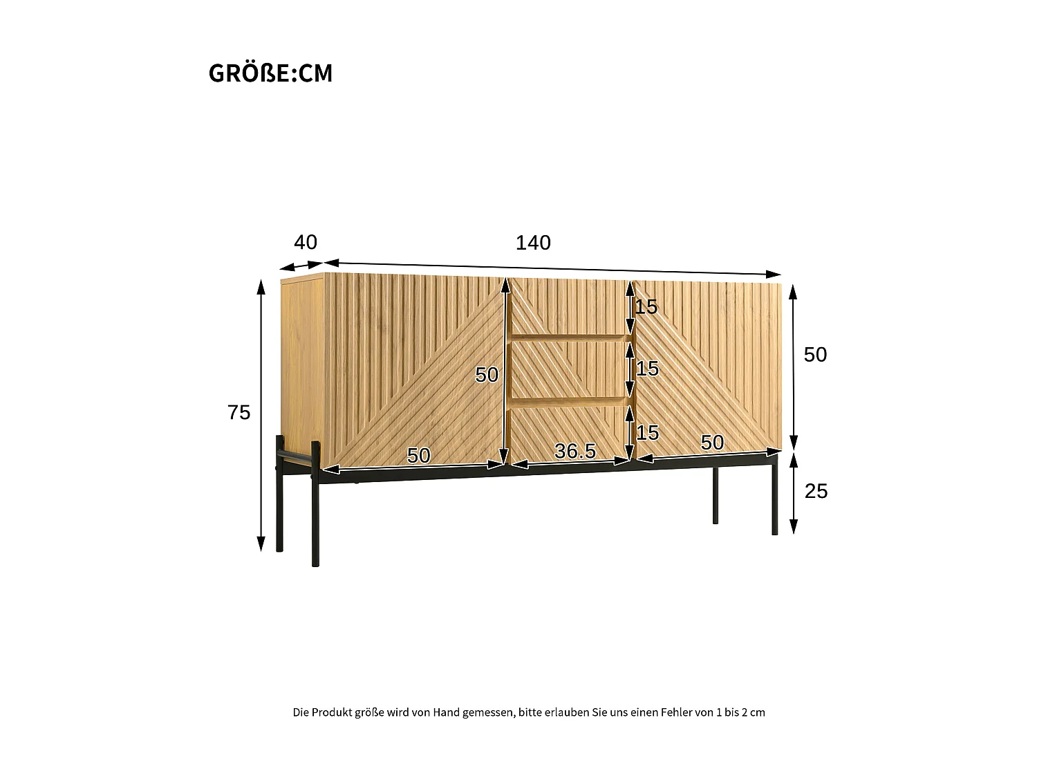 Buffet 2 Portes et 3 Tiroirs 75x140x40cm, Buffet avec Étagères Réglables et Pieds en Métal, Natural