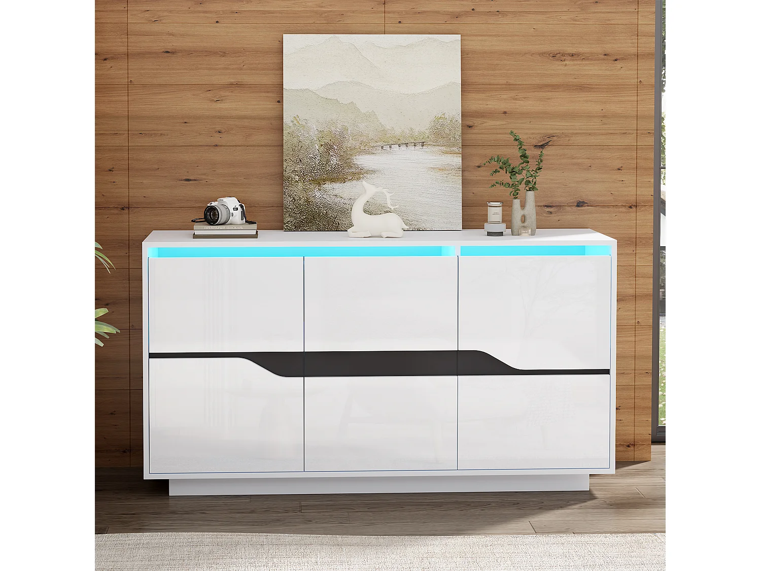 Woonkamer dressoir met 3 deuren, veelzijdige eetkamerkast, witte opbergruimte, 140 x 40 x 76 cm