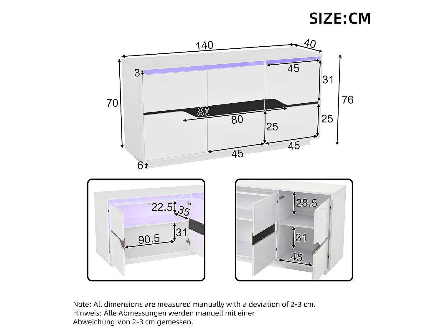 Woonkamer dressoir met 3 deuren, veelzijdige eetkamerkast, witte opbergruimte, 140 x 40 x 76 cm