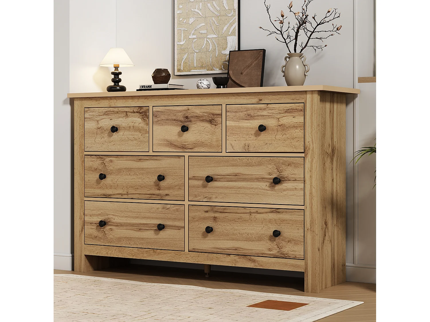 Credenza moderna da pranzo di grande capienza con 7 cassetti, 152 x 40 x 88 cm, color legno