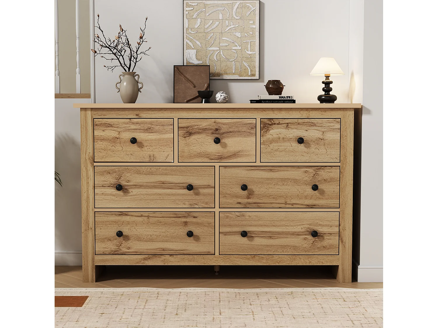 Credenza moderna da pranzo di grande capienza con 7 cassetti, 152 x 40 x 88 cm, color legno