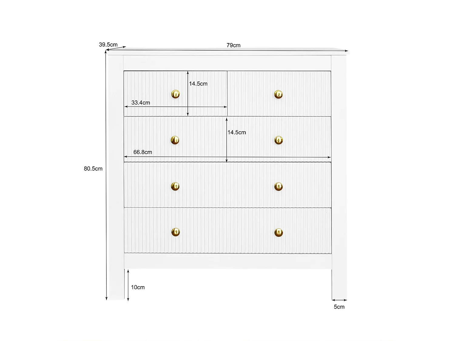 Aparador de estilo contemporâneo, cômoda com espaço de armazenamento, puxadores dourados, branco.