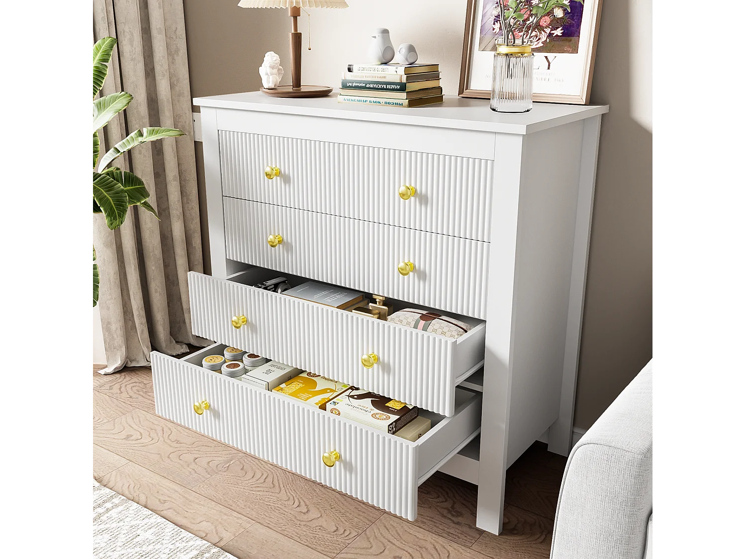 Buffet de Style Contemporain, Commode avec Espace de Rangement, avec poignées dorées, Blanc
