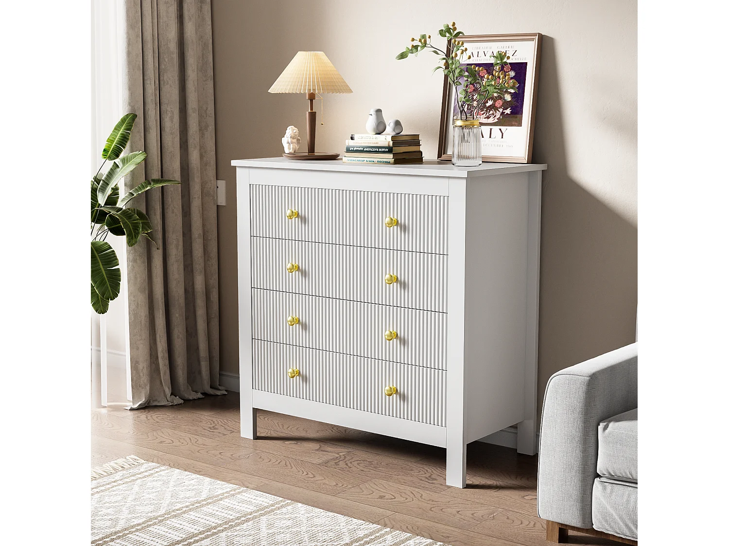 Buffet de Style Contemporain, Commode avec Espace de Rangement, avec poignées dorées, Blanc